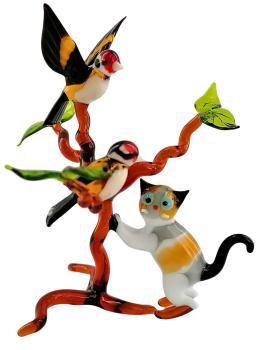 Preview: 2 Stieglitze auf Ast mit Katze, stehend